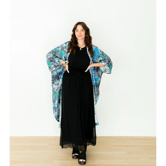 Winton + Waits Women Floral Bombay Blue Kimono Duster Open Front Boho OSFM Beach - Picture 2 of 15